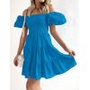 imageZESICA Womens Boho 2025 Summer Square Neck Puff Sleeve Off Shoulder Smocked Tiered Casual A Line Short Mini DressCobaltblue