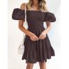 imageZESICA Womens Boho 2025 Summer Square Neck Puff Sleeve Off Shoulder Smocked Tiered Casual A Line Short Mini DressCoffee