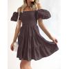 imageZESICA Womens Boho 2025 Summer Square Neck Puff Sleeve Off Shoulder Smocked Tiered Casual A Line Short Mini DressCoffee