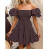 imageZESICA Womens Boho 2025 Summer Square Neck Puff Sleeve Off Shoulder Smocked Tiered Casual A Line Short Mini DressCoffee