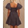 imageZESICA Womens Boho 2025 Summer Square Neck Puff Sleeve Off Shoulder Smocked Tiered Casual A Line Short Mini DressCoffee