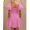 imageZESICA Womens Boho 2025 Summer Square Neck Puff Sleeve Off Shoulder Smocked Tiered Casual A Line Short Mini DressDustypink