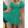imageZESICA Womens Boho 2025 Summer Square Neck Puff Sleeve Off Shoulder Smocked Tiered Casual A Line Short Mini DressGreen