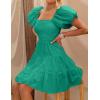 imageZESICA Womens Boho 2025 Summer Square Neck Puff Sleeve Off Shoulder Smocked Tiered Casual A Line Short Mini DressGreen