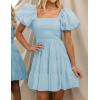 imageZESICA Womens Boho 2025 Summer Square Neck Puff Sleeve Off Shoulder Smocked Tiered Casual A Line Short Mini DressLightblue