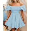 imageZESICA Womens Boho 2025 Summer Square Neck Puff Sleeve Off Shoulder Smocked Tiered Casual A Line Short Mini DressLightblue