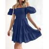 imageZESICA Womens Boho 2025 Summer Square Neck Puff Sleeve Off Shoulder Smocked Tiered Casual A Line Short Mini DressNavy