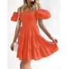 imageZESICA Womens Boho 2025 Summer Square Neck Puff Sleeve Off Shoulder Smocked Tiered Casual A Line Short Mini DressOrange