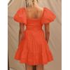 imageZESICA Womens Boho 2025 Summer Square Neck Puff Sleeve Off Shoulder Smocked Tiered Casual A Line Short Mini DressOrange