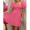 imageZESICA Womens Boho 2025 Summer Square Neck Puff Sleeve Off Shoulder Smocked Tiered Casual A Line Short Mini DressPink