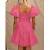 imageZESICA Womens Boho 2025 Summer Square Neck Puff Sleeve Off Shoulder Smocked Tiered Casual A Line Short Mini DressPink