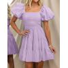 imageZESICA Womens Boho 2025 Summer Square Neck Puff Sleeve Off Shoulder Smocked Tiered Casual A Line Short Mini DressPurple