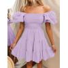 imageZESICA Womens Boho 2025 Summer Square Neck Puff Sleeve Off Shoulder Smocked Tiered Casual A Line Short Mini DressPurple