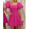 imageZESICA Womens Boho 2025 Summer Square Neck Puff Sleeve Off Shoulder Smocked Tiered Casual A Line Short Mini DressRose