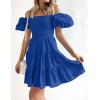 imageZESICA Womens Boho 2025 Summer Square Neck Puff Sleeve Off Shoulder Smocked Tiered Casual A Line Short Mini DressRoyalblue