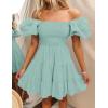 imageZESICA Womens Boho 2025 Summer Square Neck Puff Sleeve Off Shoulder Smocked Tiered Casual A Line Short Mini DressSage