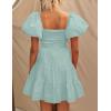 imageZESICA Womens Boho 2025 Summer Square Neck Puff Sleeve Off Shoulder Smocked Tiered Casual A Line Short Mini DressSage