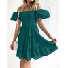 imageZESICA Womens Boho 2025 Summer Square Neck Puff Sleeve Off Shoulder Smocked Tiered Casual A Line Short Mini DressTeal