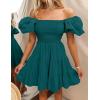 imageZESICA Womens Boho 2025 Summer Square Neck Puff Sleeve Off Shoulder Smocked Tiered Casual A Line Short Mini DressTeal