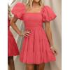 imageZESICA Womens Boho 2025 Summer Square Neck Puff Sleeve Off Shoulder Smocked Tiered Casual A Line Short Mini DressWatermelon