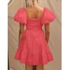 imageZESICA Womens Boho 2025 Summer Square Neck Puff Sleeve Off Shoulder Smocked Tiered Casual A Line Short Mini DressWatermelon
