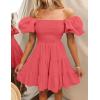 imageZESICA Womens Boho 2025 Summer Square Neck Puff Sleeve Off Shoulder Smocked Tiered Casual A Line Short Mini DressWatermelon