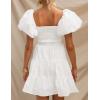 imageZESICA Womens Boho 2025 Summer Square Neck Puff Sleeve Off Shoulder Smocked Tiered Casual A Line Short Mini DressWhite