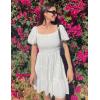 imageZESICA Womens Boho 2025 Summer Square Neck Puff Sleeve Off Shoulder Smocked Tiered Casual A Line Short Mini DressWhite