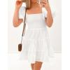 imageZESICA Womens Boho 2025 Summer Square Neck Puff Sleeve Off Shoulder Smocked Tiered Casual A Line Short Mini DressWhite