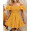 imageZESICA Womens Boho 2025 Summer Square Neck Puff Sleeve Off Shoulder Smocked Tiered Casual A Line Short Mini DressYellow