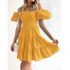 imageZESICA Womens Boho 2025 Summer Square Neck Puff Sleeve Off Shoulder Smocked Tiered Casual A Line Short Mini DressYellow
