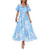 imageZESICA Womens 2025 Summer Floral V Neck Midi Dress Boho Short Sleeve High Waist Flowy Beach Vacation Dresses with BeltBlue