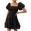 imageZESICA Womens Boho 2025 Summer Square Neck Puff Sleeve Off Shoulder Smocked Tiered Casual A Line Short Mini DressBlack