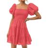imageZESICA Womens Boho 2025 Summer Square Neck Puff Sleeve Off Shoulder Smocked Tiered Casual A Line Short Mini DressWatermelon