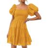 imageZESICA Womens Boho 2025 Summer Square Neck Puff Sleeve Off Shoulder Smocked Tiered Casual A Line Short Mini DressYellow