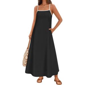 imageZESICA Womens 2025 Summer Boho Sleeveless Maxi Dress Spaghetti Straps Casual Flowy A Line Beach Party Long DressesBlack