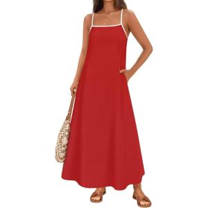imageZESICA Womens 2025 Summer Boho Sleeveless Maxi Dress Spaghetti Straps Casual Flowy A Line Beach Party Long DressesRed