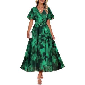 imageZESICA Womens 2025 Summer Floral V Neck Midi Dress Boho Short Sleeve High Waist Flowy Beach Vacation Dresses with BeltDarkgreen