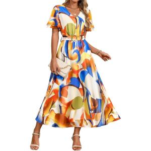 imageZESICA Womens 2025 Summer Floral V Neck Midi Dress Boho Short Sleeve High Waist Flowy Beach Vacation Dresses with BeltFloral Orange