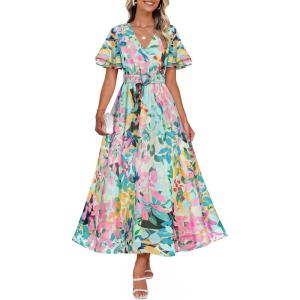 imageZESICA Womens 2025 Summer Floral V Neck Midi Dress Boho Short Sleeve High Waist Flowy Beach Vacation Dresses with BeltGreen