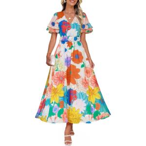 imageZESICA Womens 2025 Summer Floral V Neck Midi Dress Boho Short Sleeve High Waist Flowy Beach Vacation Dresses with BeltOrangeyellow
