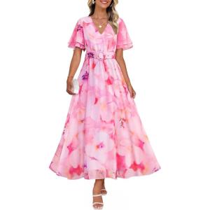 imageZESICA Womens 2025 Summer Floral V Neck Midi Dress Boho Short Sleeve High Waist Flowy Beach Vacation Dresses with BeltPink
