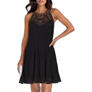 imageZESICA Womens 2025 Summer Halter Chiffon Mini Dresses Sleeveless Hollow Out A Line Flowy Ruffle Beach Vacation SundressBlack