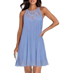 imageZESICA Womens 2025 Summer Halter Chiffon Mini Dresses Sleeveless Hollow Out A Line Flowy Ruffle Beach Vacation SundressBlue