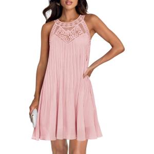 imageZESICA Womens 2025 Summer Halter Chiffon Mini Dresses Sleeveless Hollow Out A Line Flowy Ruffle Beach Vacation SundressPink