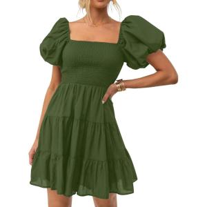 imageZESICA Womens Boho 2025 Summer Square Neck Puff Sleeve Off Shoulder Smocked Tiered Casual A Line Short Mini DressArmygreen