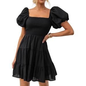 imageZESICA Womens Boho 2025 Summer Square Neck Puff Sleeve Off Shoulder Smocked Tiered Casual A Line Short Mini DressBlack