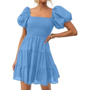 imageZESICA Womens Boho 2025 Summer Square Neck Puff Sleeve Off Shoulder Smocked Tiered Casual A Line Short Mini DressBlue