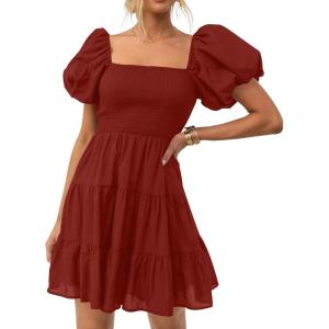 imageZESICA Womens Boho 2025 Summer Square Neck Puff Sleeve Off Shoulder Smocked Tiered Casual A Line Short Mini DressBrickred
