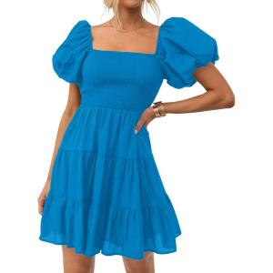 imageZESICA Womens Boho 2025 Summer Square Neck Puff Sleeve Off Shoulder Smocked Tiered Casual A Line Short Mini DressCobaltblue